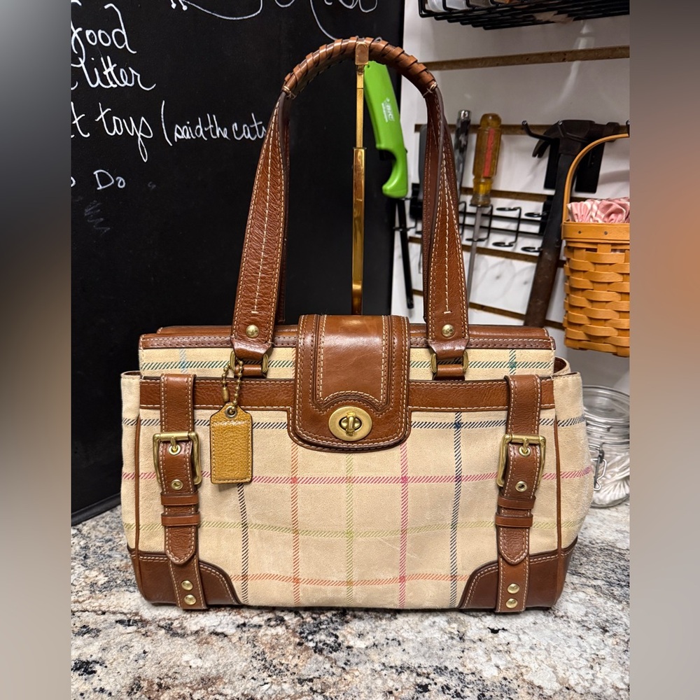 Coach Hampton vintage tattersall suede satchel EUC. RARE
